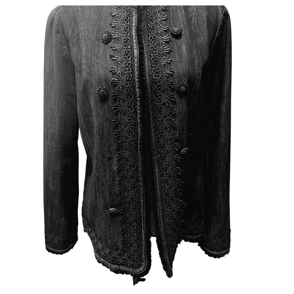 Bay Studio Dark Wash Denim Jacket Soutache Embroidery Beaded Trim Buttons Sz Lg